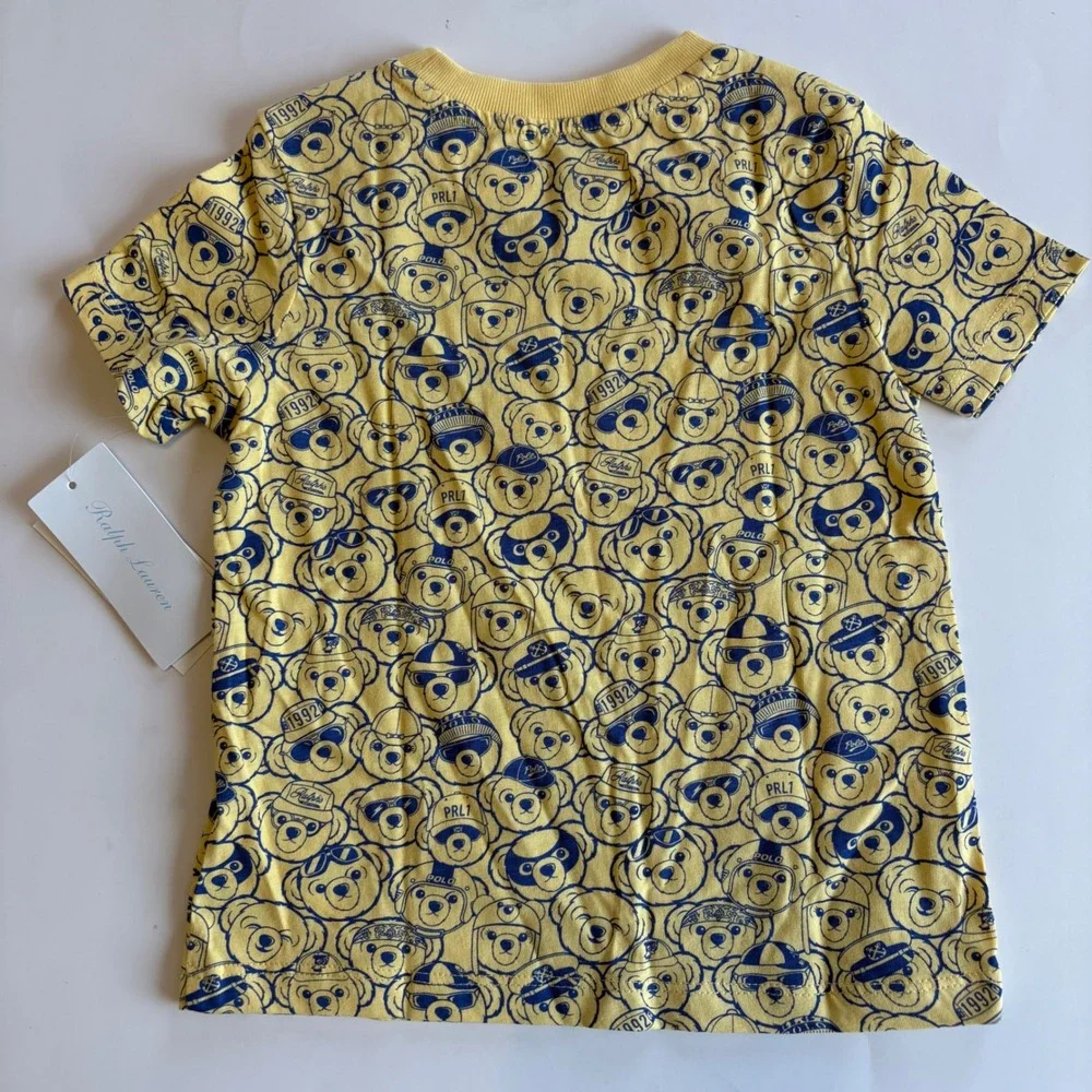 Ralph Lauren Polo Bear T-Shirt Yellow Blue Graphic Tee Toddler‎ 24M Allover NWT